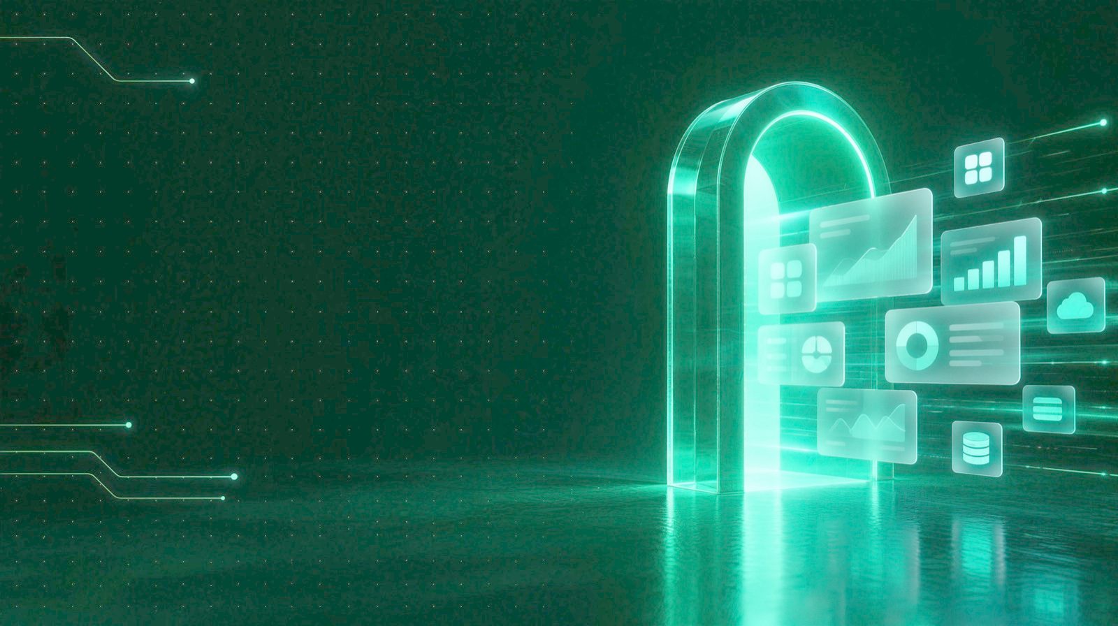 Portal luminos din sticlă verde prin care trec panouri de aplicații, grafice și tablouri de bord