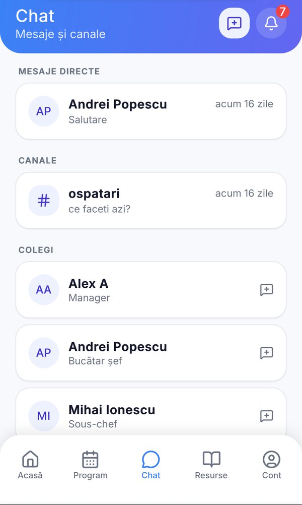 Aplicația de angajat Horeca ERP, tab-ul Chat: mesaje directe, canale pe departamente și lista de colegi cu rolul fiecăruia