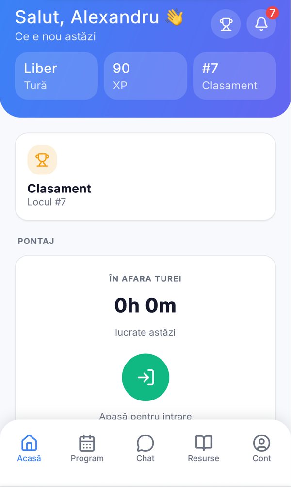 Aplicația de angajat Horeca ERP, tab-ul Acasă: statusul turei de azi, XP-ul și locul în clasament, plus butonul de intrare la pontaj sub orele lucrate azi