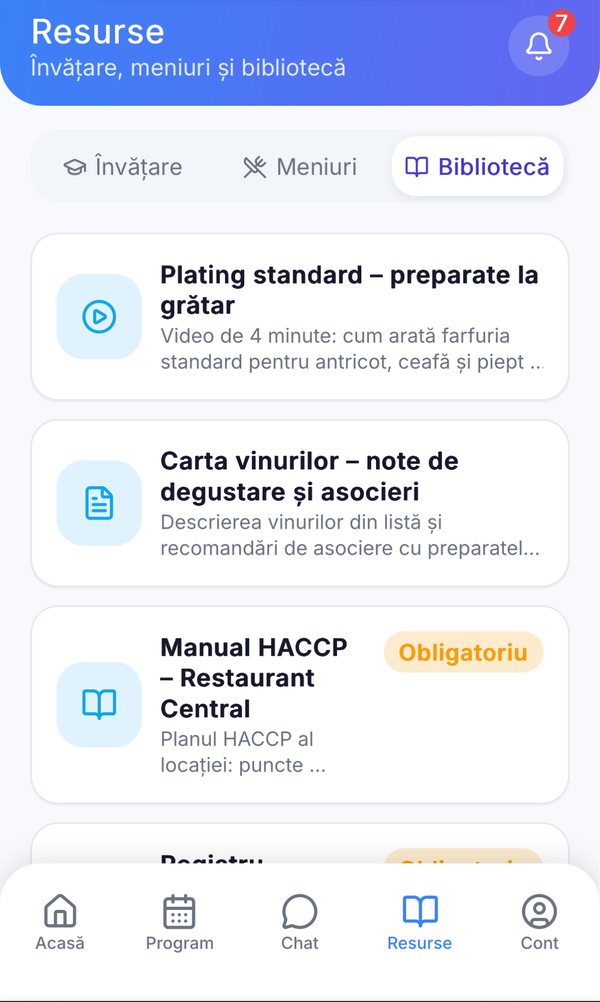 Aplicația de angajat Horeca ERP, tab-ul Bibliotecă: materialele de referință ale locației - video de plating, notele de degustare ale cartei de vinuri și manualul HACCP obligatoriu