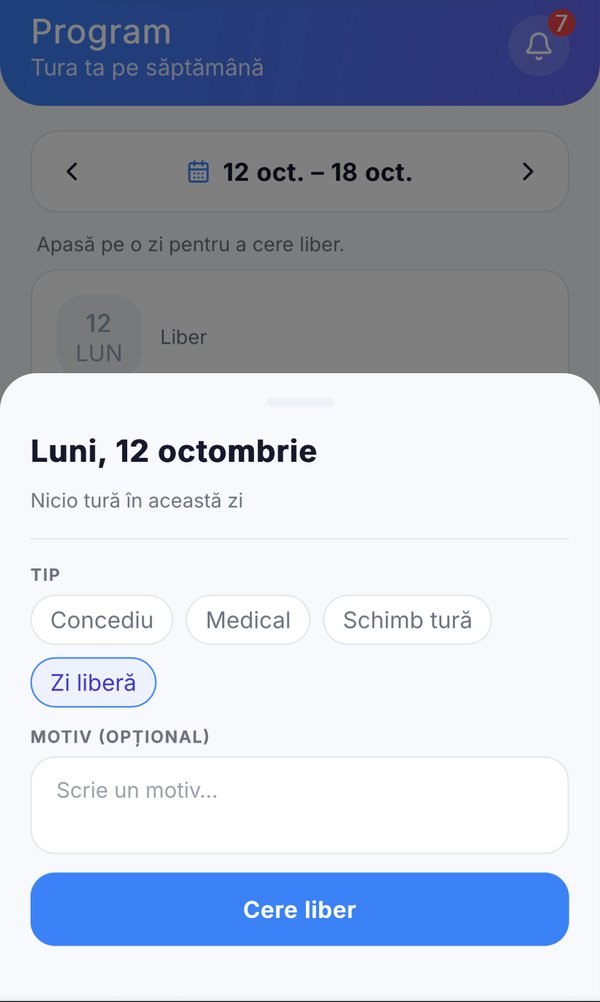 Aplicația de angajat Horeca ERP, tab-ul Program: turele săptămânii cu panoul de cerere de liber deschis - concediu, medical, schimb de tură sau zi liberă - cu motiv opțional