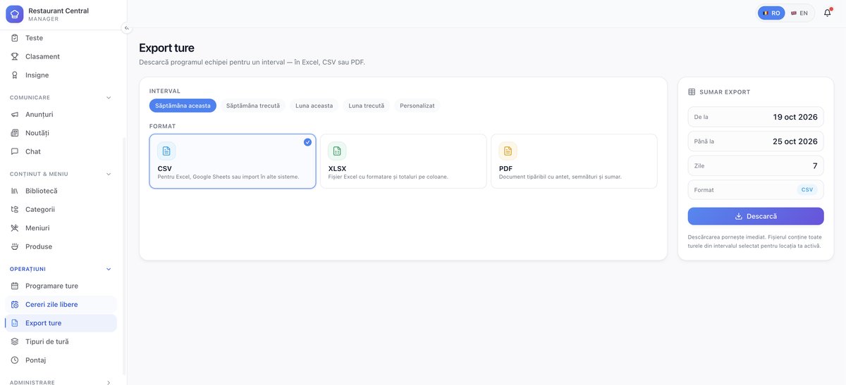 Aplicația manager Horeca ERP: exportul programului de ture pe un interval ales în CSV, XLSX sau PDF, cu sumarul datelor și zilelor selectate