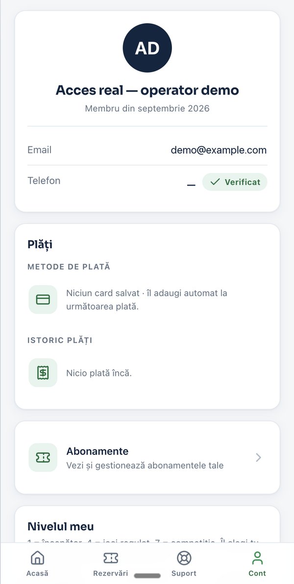 Aplicația de jucător PlayPass, tab-ul Cont: profil cu telefon verificat, metode de plată salvate și istoric de plăți, abonamente și nivelul de joc autoevaluat al jucătorului
