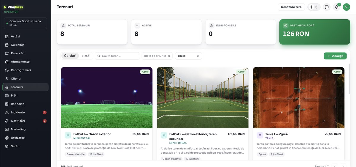 Panoul de operator PlayPass, ecranul Terenuri: carduri de teren cu fotografie, sport, suprafață și preț pe oră, plus totaluri pentru terenuri, cele active și prețul mediu pe oră