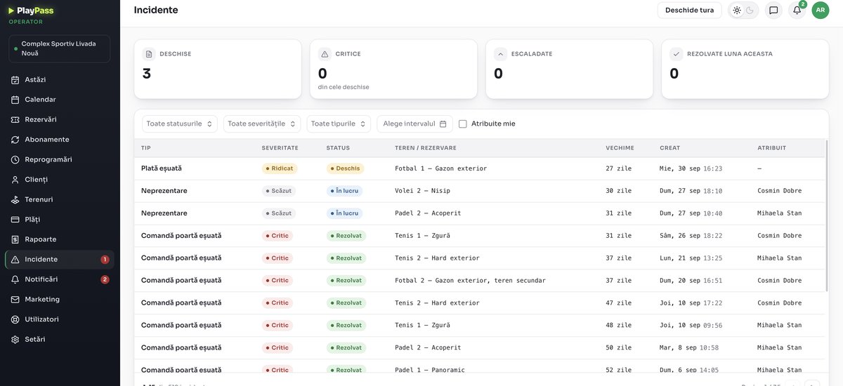 Panoul de operator PlayPass, ecranul Incidente: contoare de deschise, critice, escaladate și rezolvate deasupra tabelului de incidente cu tip, severitate, status, teren, vechime și responsabil