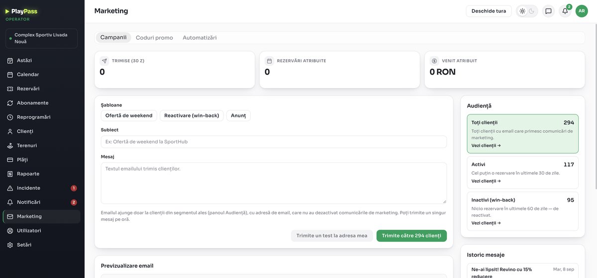 Panoul de operator PlayPass, ecranul Marketing: compunerea campaniei cu șabloane de ofertă de weekend, win-back și anunț, lângă segmentele de audiență cu toți clienții, cei activi și cei inactivi