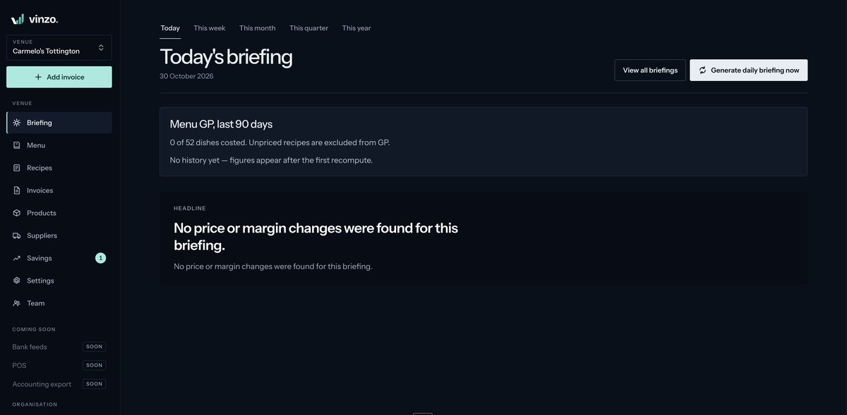 Vinzo Briefing screen: today's briefing with period tabs for week, month, quarter and year, the menu GP panel for the last 90 days, and the button to generate a briefing on demand
