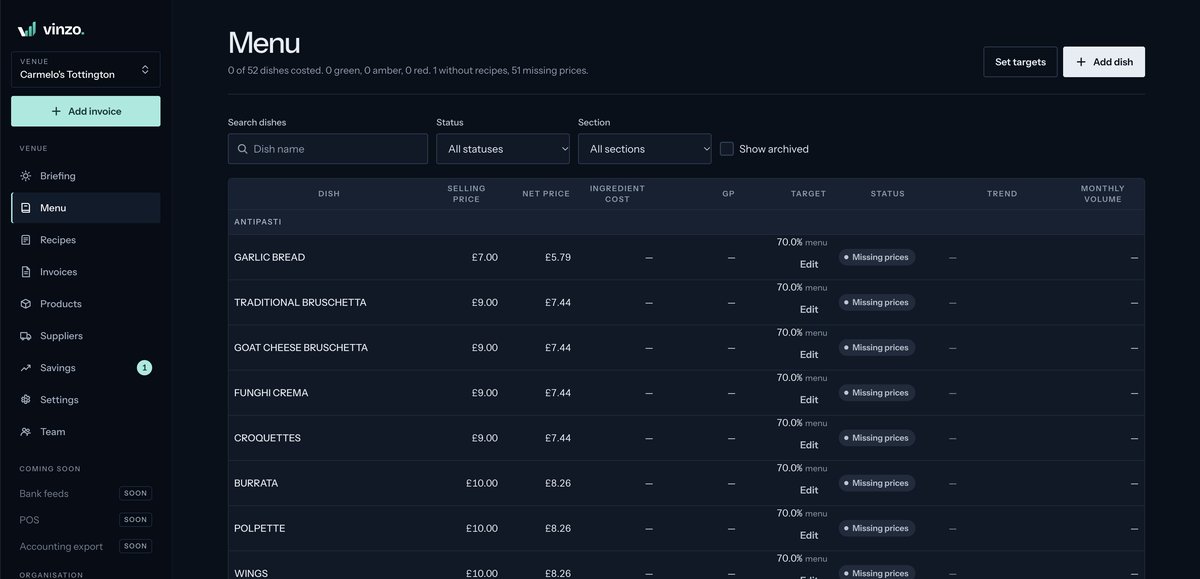 Vinzo Menu screen: the dish table with selling price, price net of VAT, ingredient cost, gross profit, target, Green/Amber/Red status, trend and monthly volume, with status and section filters